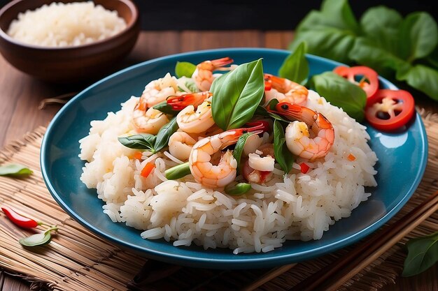 Cooked rice with Stir fried shrimp basilthai food