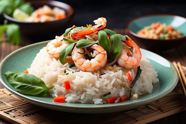 Cooked rice with Stir fried shrimp basilthai food