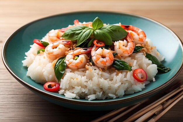 Cooked rice with Stir fried shrimp basilthai food