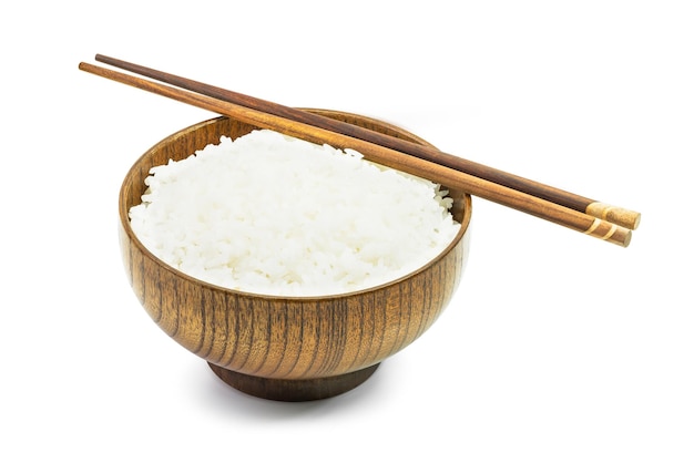 Cooked rice in wooden bowl