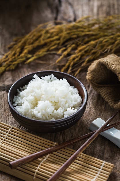 cooked rice on wooden table