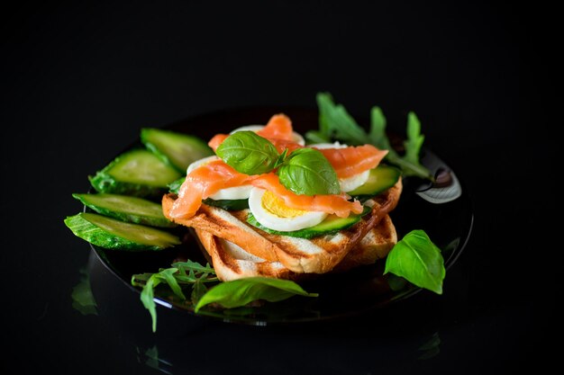 Cooked sandwich with lightly salted red fish cucumbers and boiled eggs with herbs isolated on a black background