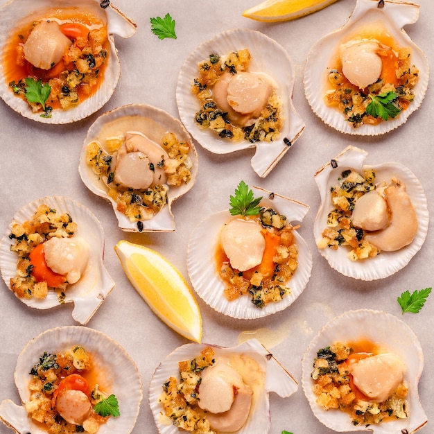 Cooked scallops with sauce on a baking sheet