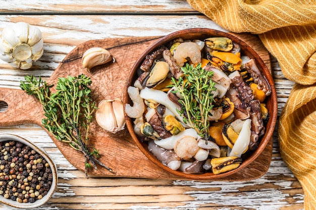 Cooked Seafood mix in a wooden bowl