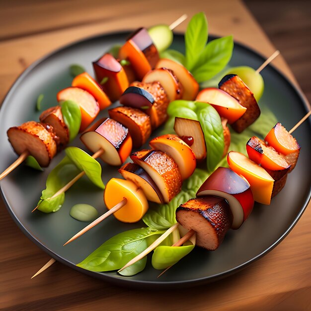 Cooked shashlik on skewers against green grass background Meat kebab in the open air