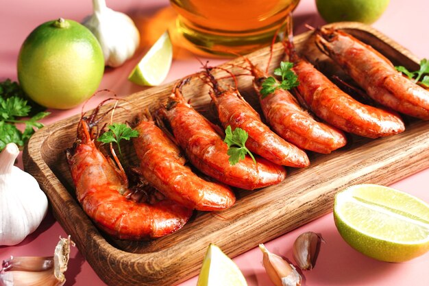 Cooked shrimp and langoustines, king prawns with lime, garlic and parsley. Grilled and fried on pink background. High quality photo