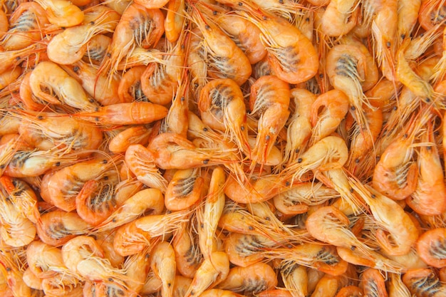 Cooked shrimps food background top view