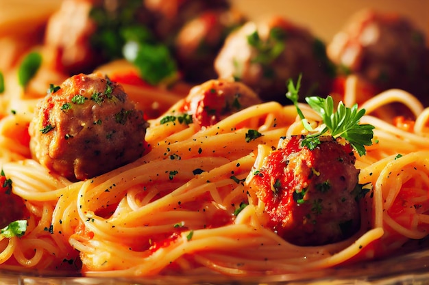 Cooked spaghetti and meatballs drizzled with delicious tomato sauce and oil