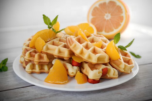 Cooked sweet Belgian waffles with oranges on the table