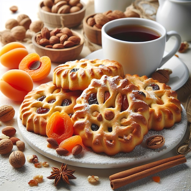 cooked sweet biscuit with dried apricots and nuts inside isolated on white background