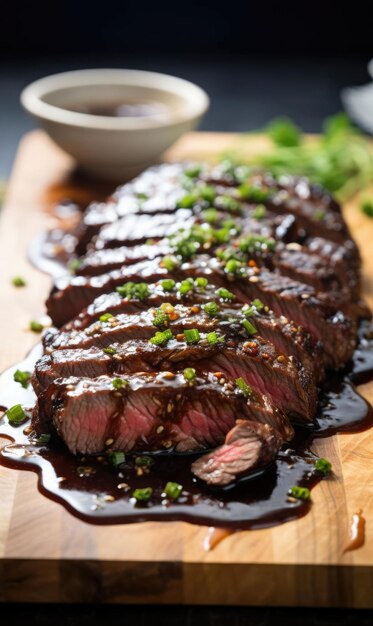 Cooked wagyu steak sliced and topped with flavorful balsamic glaze