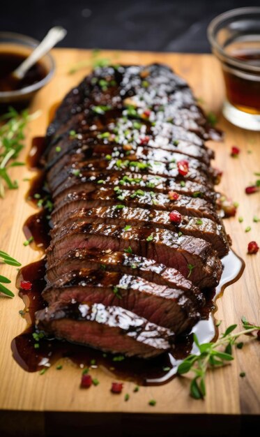 Cooked wagyu steak sliced and topped with flavorful balsamic glaze