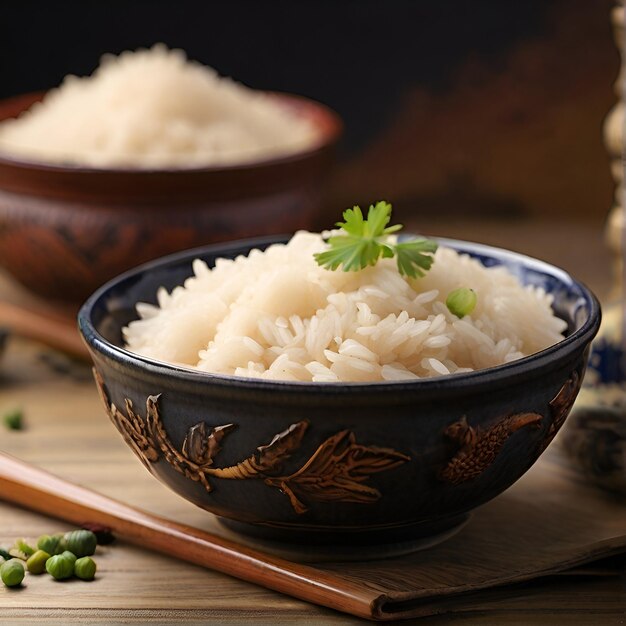 Photo cooked white rice in a bowl on the table