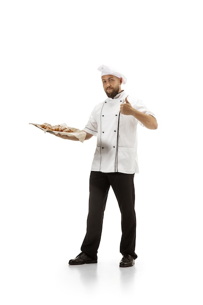 Cooker, chef, baker in uniform isolated on white background, gourmet.