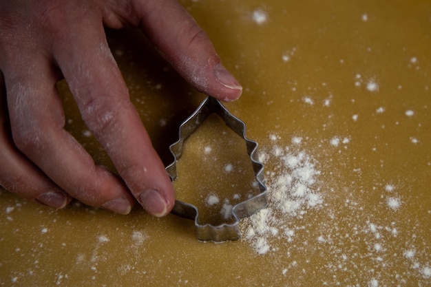 The cookie cutter in the form of a christmas tree lies on the dough which is sprinkled with flour li...