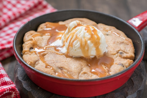 Cookie ice cream homemade on hot pan.