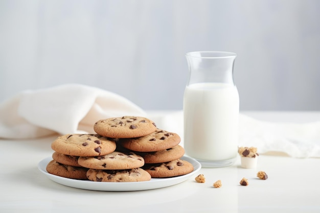Cookie and milk arrangement on a white table