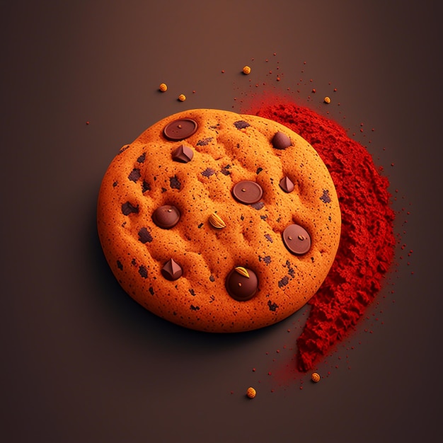 A cookie with chocolate chips and red paprika on it.