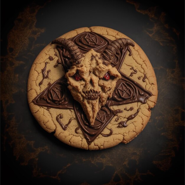 A cookie with a devil face and a star on the front