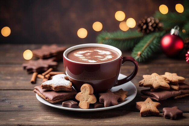 Фото Печенье и чашка с горячим шоколадом на пустом деревянном столе на рождественском фоне