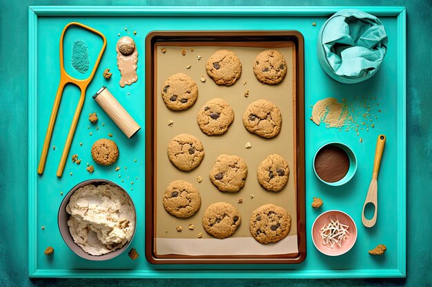 Photo cookies baking tray on turquoise background for diet