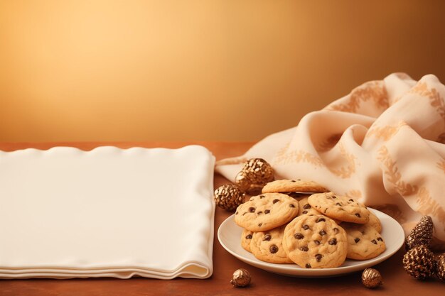 クッキーは柔らかい茶色と白い背景で調理デザインに使用されます