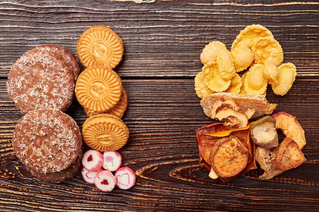 Cookies cornflakes and fruits Choose a healthy lifestyle