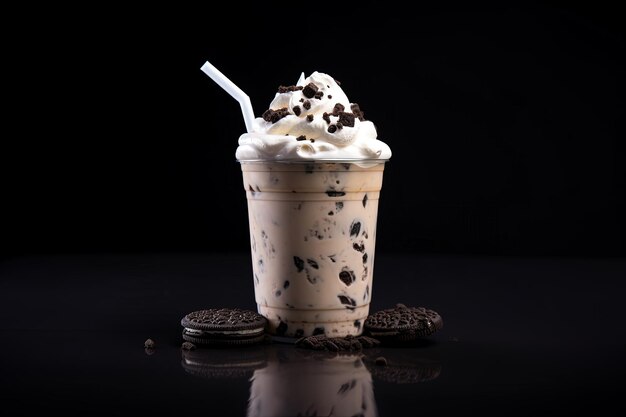 Cookies and cream milkshake in a takeaway cup isolated on dark background