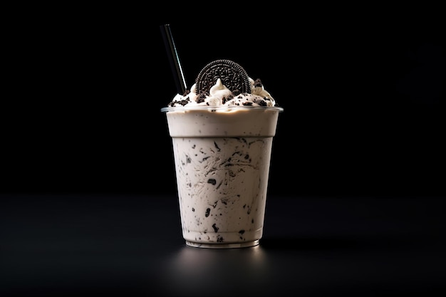 Cookies and cream milkshake in a takeaway cup isolated on dark background