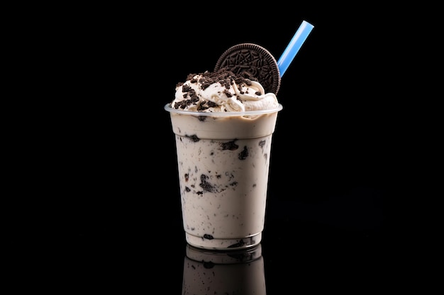 Cookies and cream milkshake in a takeaway cup isolated on dark background