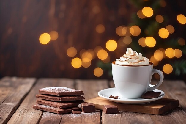 Cookies and cup with hot chocolate on empty wooden table on a Christmas bokeh background