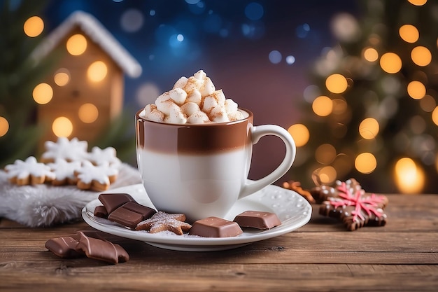 Cookies and cup with hot chocolate on empty wooden table on a Christmas bokeh background