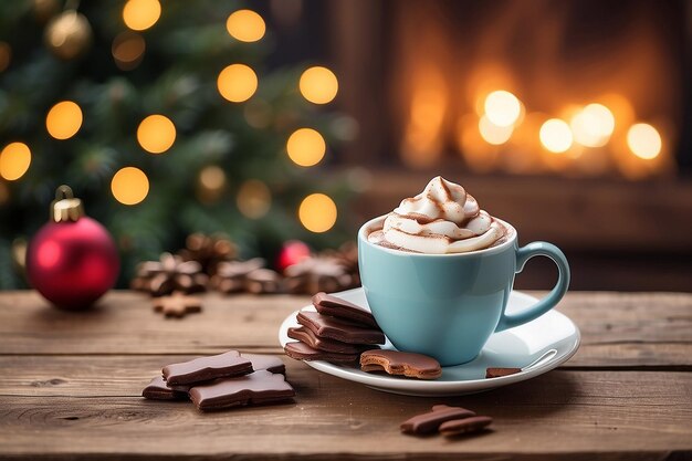 Cookies and cup with hot chocolate on empty wooden table on a Christmas bokeh background