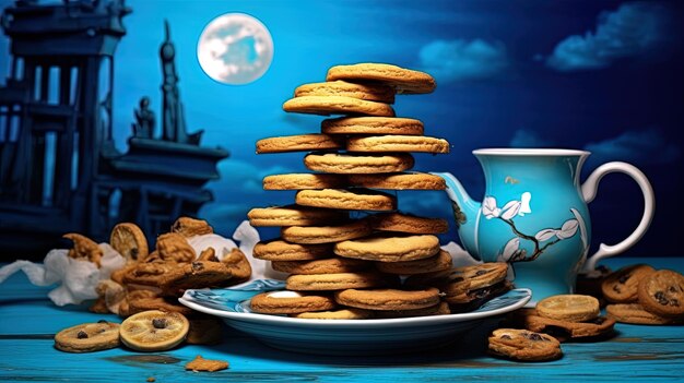 Cookies and milk on the table with a blue background generated by AI