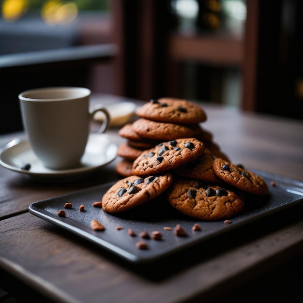 コーヒーショップの木製のテーブルにクッキーとミルク