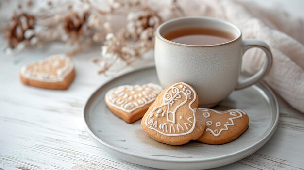 Cookies and mug of tea on modern white earthenware plate