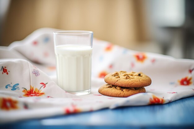 Cookies on a napkin with a glass of milk