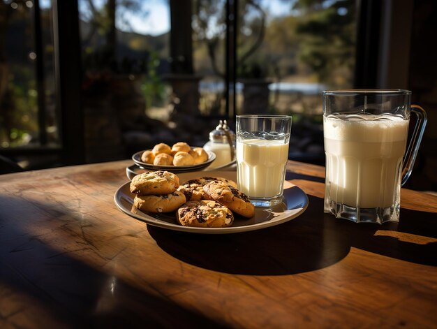 Cookies in a plate and milk on a blurred background generative ai
