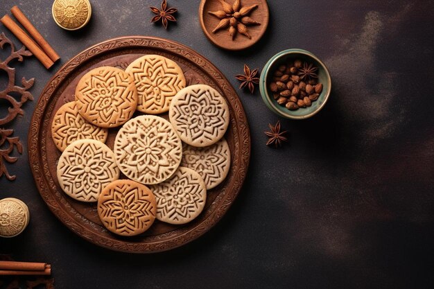 Photo cookies on a plate with a bowl of coffee beans and a bowl of coffee