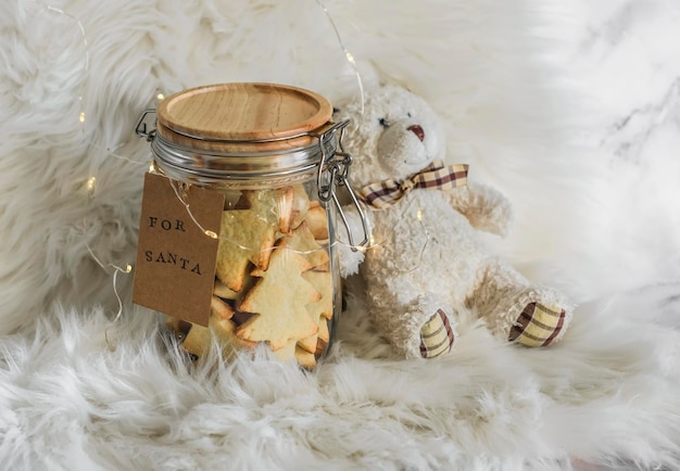 Photo cookies for santa in a glass jar and a toy bear on a fluffy carpet with a garland christmas mood