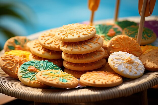 Photo cookies on a serving board with drizzles of flavored syrups