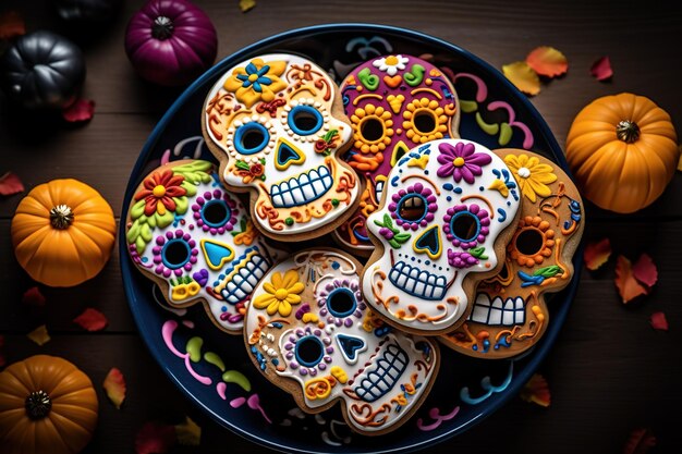 Photo cookies in the shape of skulls for the mexican day of the dead