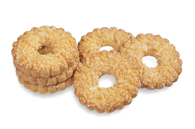 Cookies sprinkled with sugar on white background close-up