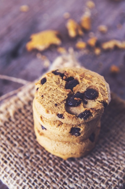 Photo cookies stacked on burlap