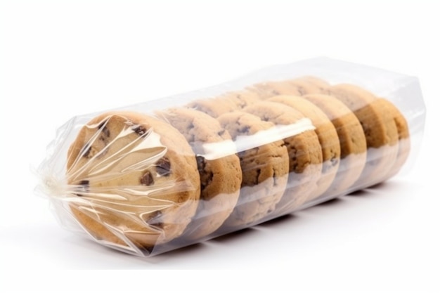 Cookies in transparent packaging Close up Isolated on white background