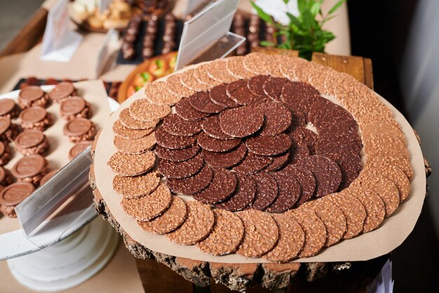 Cookies on a tray a cake in a basket