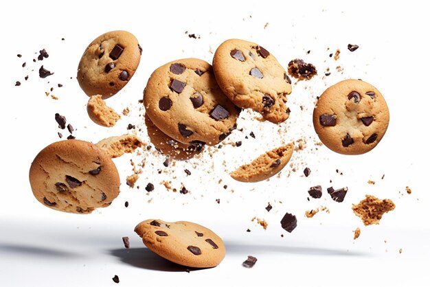 Cookies with chocolate in the air on a white background