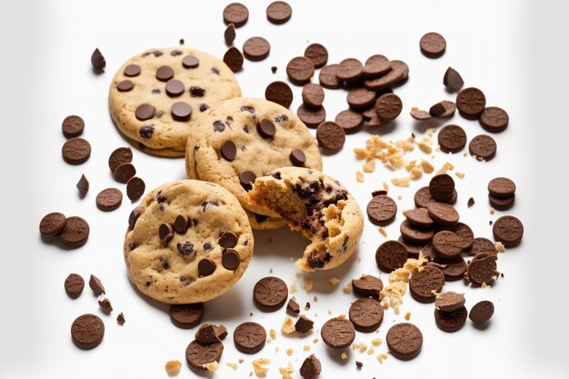 Cookies with chocolate chips on a white backdrop