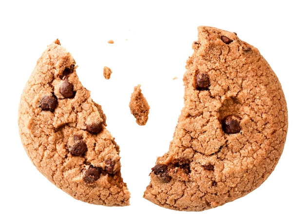 Cookies with chocolate pieces broken in half, isolated on a white background.