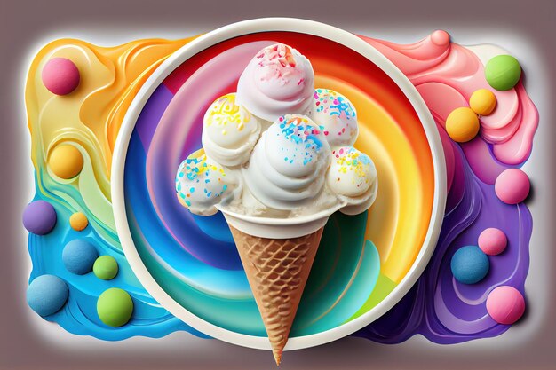 Cookies with colorful frosting top view Tasty ice cream cone cookies on wooden background